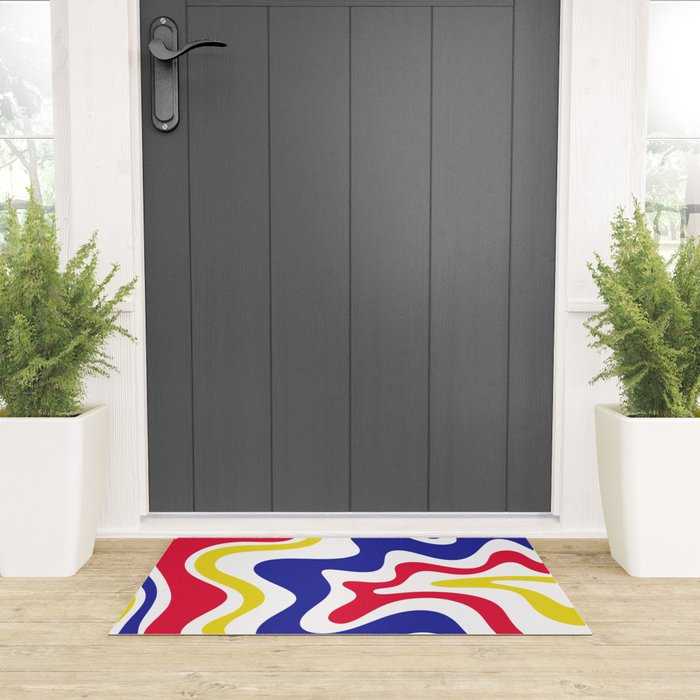 Retro Liquid Swirl Abstract Pattern Blue Red Yellow White Welcome Mat Gallery Image 3