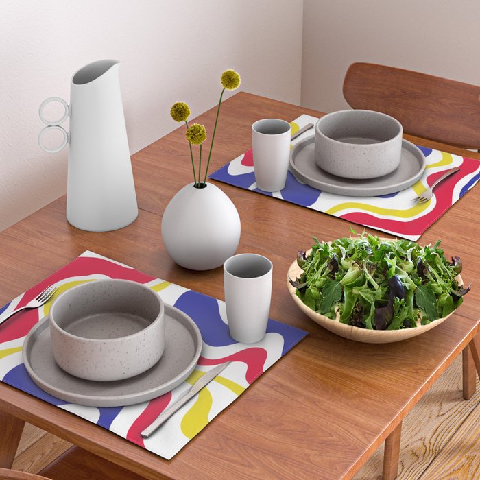 Retro Liquid Swirl Abstract Pattern Blue Red Yellow White Placemat Gallery Image 2