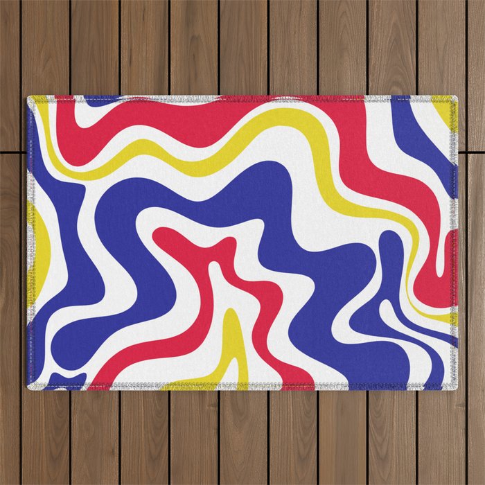Retro Liquid Swirl Abstract Pattern Blue Red Yellow White Outdoor Rug Gallery Image 1