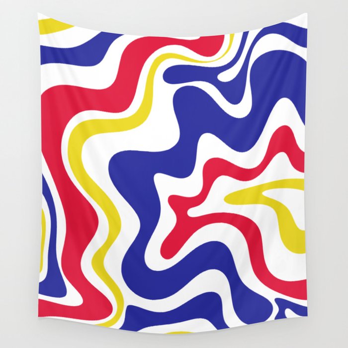 Retro Liquid Swirl Abstract Pattern Blue Red Yellow White Wall Tapestry Gallery Image 1