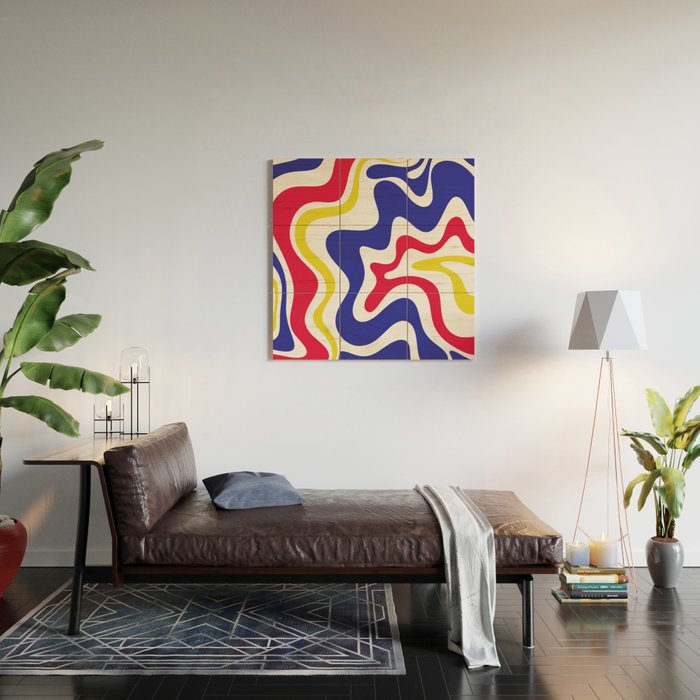 Retro Liquid Swirl Abstract Pattern Blue Red Yellow White Wood Wall Art Gallery Image 2