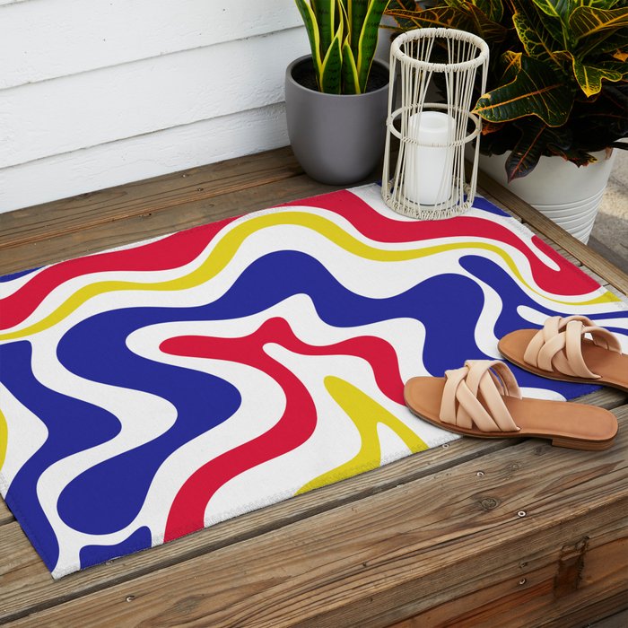 Retro Liquid Swirl Abstract Pattern Blue Red Yellow White Outdoor Rug Gallery Image 2