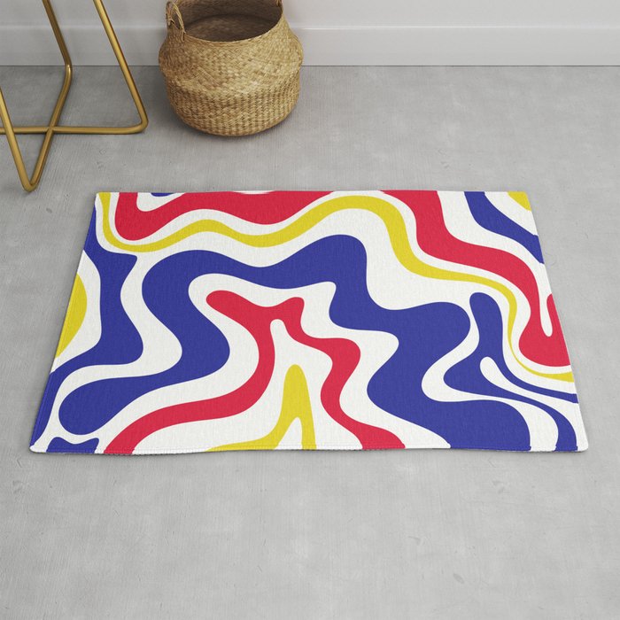 Retro Liquid Swirl Abstract Pattern Blue Red Yellow White Rug Gallery Image 1