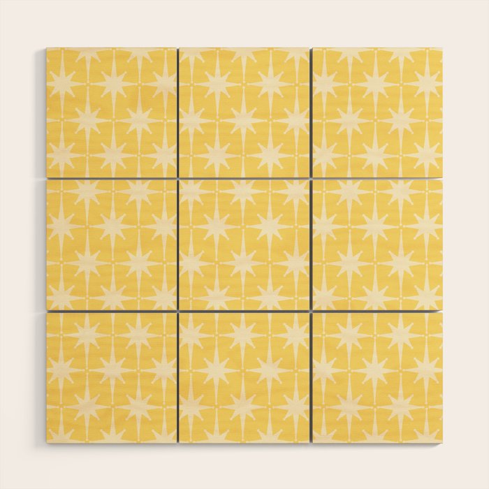 Midcentury Modern Atomic Starburst Pattern in Soft Yellow Wood Wall Art Gallery Image 1