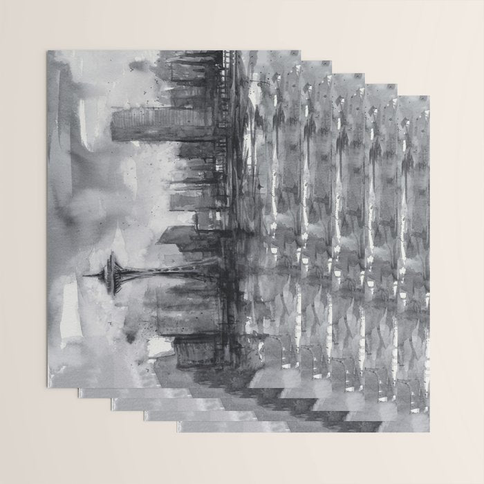 Seattle Skyline Painting Watercolor Black and White Space Needle Wrapping Paper Gallery Image 3