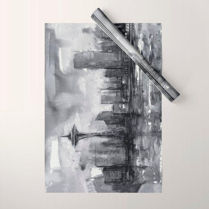 Seattle Skyline Painting Watercolor Black and White Space Needle Wrapping Paper Gallery Image 1