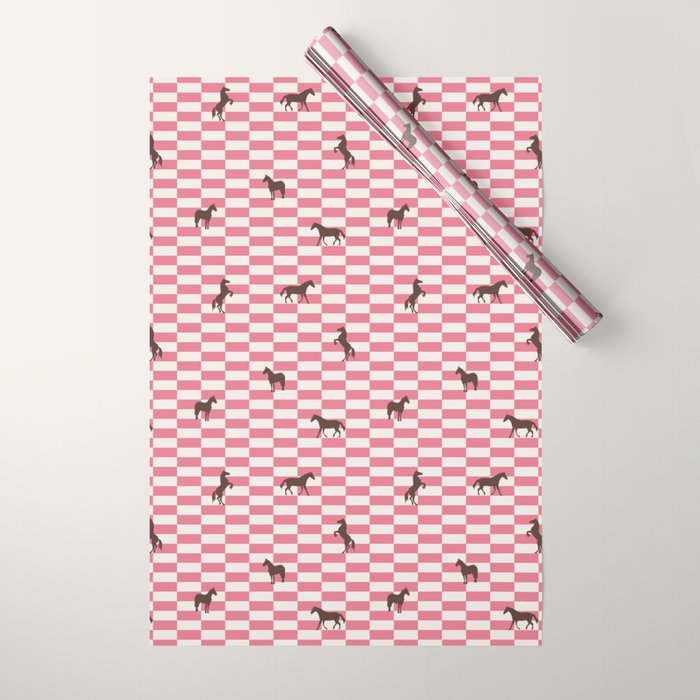 Pink Check Horses  Pattern Wrapping Paper Gallery Image 1