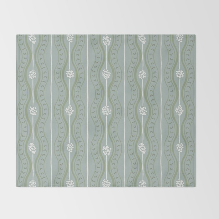 Wavy lines and tiny blooms - dusty mint sage green and cream stripes pattern Throw Blanket Gallery Image 2
