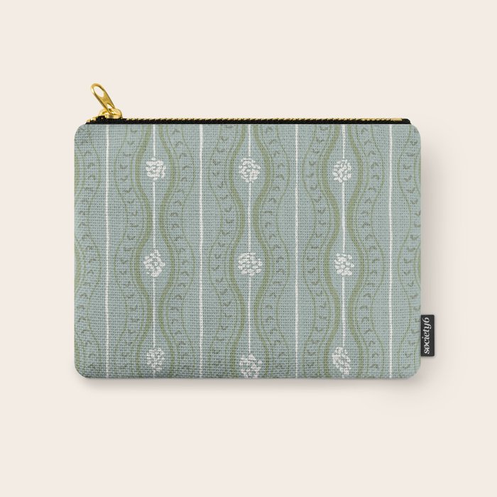 Wavy lines and tiny blooms - dusty mint sage green and cream stripes pattern Carry All Pouch Gallery Image 1