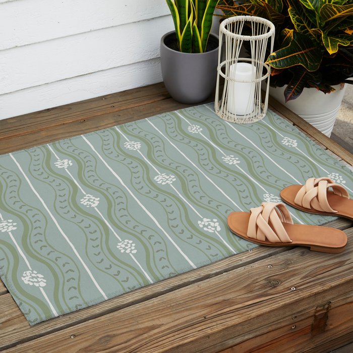 Wavy lines and tiny blooms - dusty mint sage green and cream stripes pattern Outdoor Rug Gallery Image 2