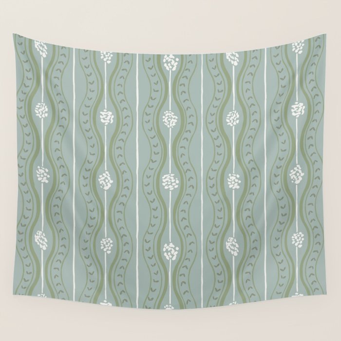 Wavy lines and tiny blooms - dusty mint sage green and cream stripes pattern Wall Tapestry Gallery Image 4