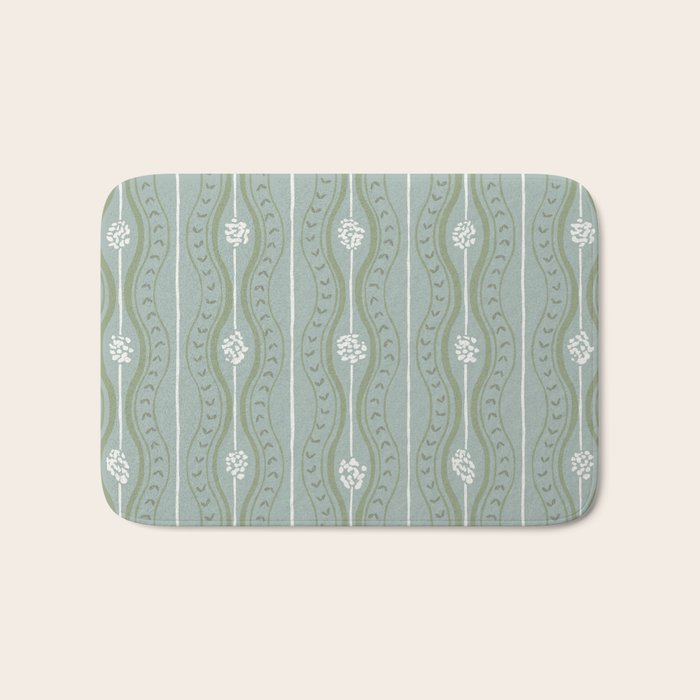 Wavy lines and tiny blooms - dusty mint sage green and cream stripes pattern Bath Mat Gallery Image 1
