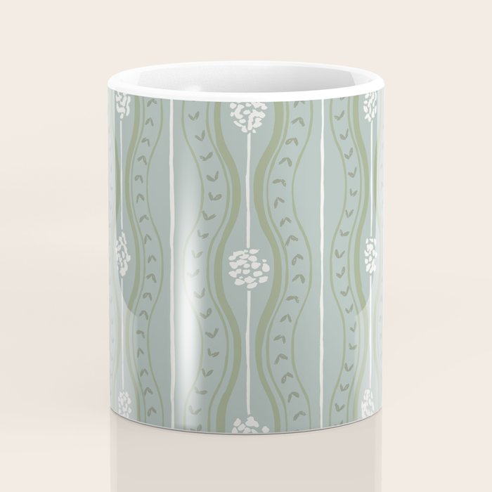 Wavy lines and tiny blooms - dusty mint sage green and cream stripes pattern Coffee Mug Gallery Image 4