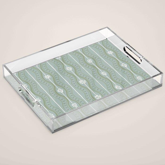 Wavy lines and tiny blooms - dusty mint sage green and cream stripes pattern Acrylic Tray Gallery Image 1