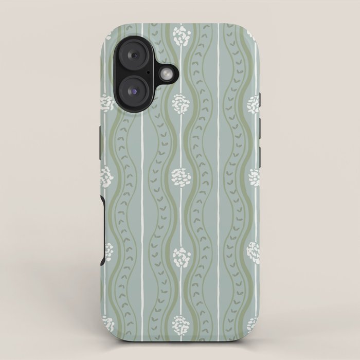 Wavy lines and tiny blooms - dusty mint sage green and cream stripes pattern iPhone Case Gallery Image 1