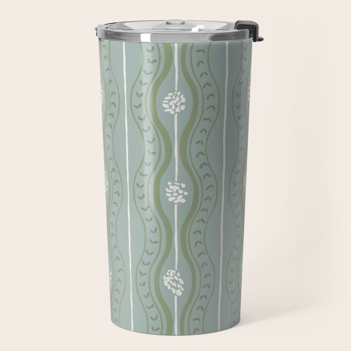 Wavy lines and tiny blooms - dusty mint sage green and cream stripes pattern Travel Mug Gallery Image 2