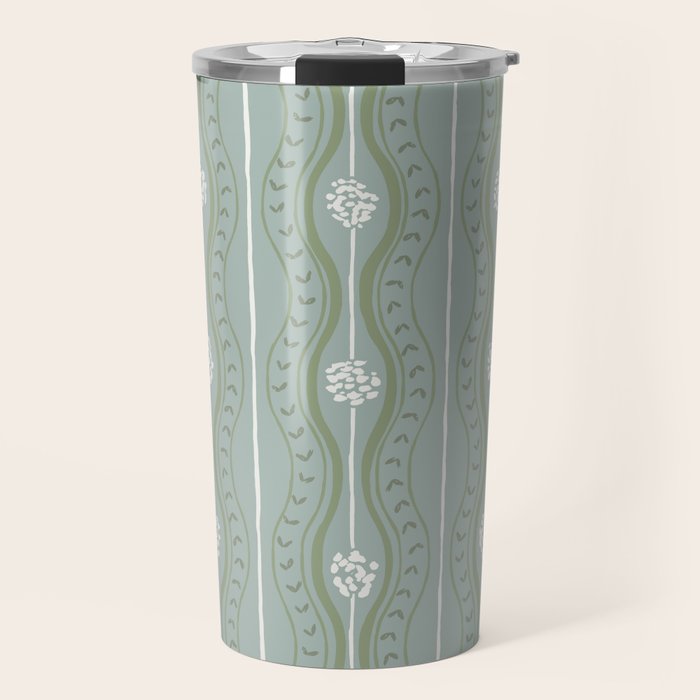 Wavy lines and tiny blooms - dusty mint sage green and cream stripes pattern Travel Mug Gallery Image 1