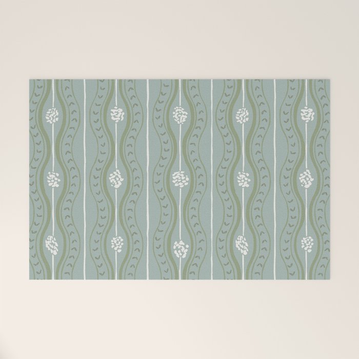 Wavy lines and tiny blooms - dusty mint sage green and cream stripes pattern Welcome Mat Gallery Image 1