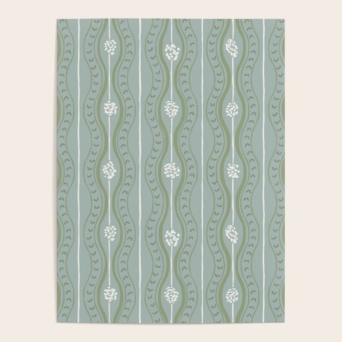 Wavy lines and tiny blooms - dusty mint sage green and cream stripes pattern Poster Gallery Image 4