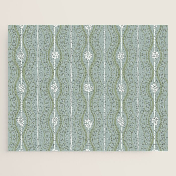 Wavy lines and tiny blooms - dusty mint sage green and cream stripes pattern Jigsaw Puzzle Gallery Image 1