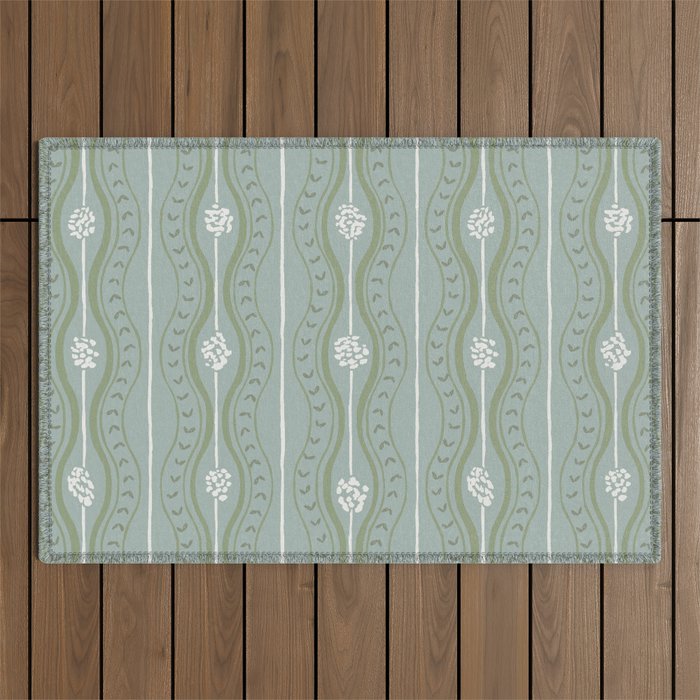 Wavy lines and tiny blooms - dusty mint sage green and cream stripes pattern Outdoor Rug Gallery Image 1