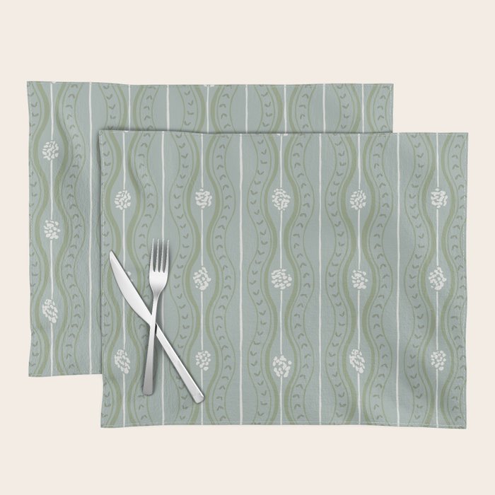 Wavy lines and tiny blooms - dusty mint sage green and cream stripes pattern Placemat Gallery Image 1
