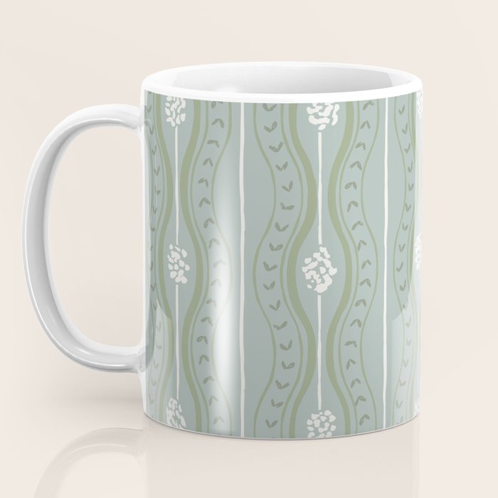 Wavy lines and tiny blooms - dusty mint sage green and cream stripes pattern Coffee Mug Gallery Image 3