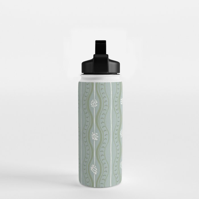 Wavy lines and tiny blooms - dusty mint sage green and cream stripes pattern Water Bottle Gallery Image 2
