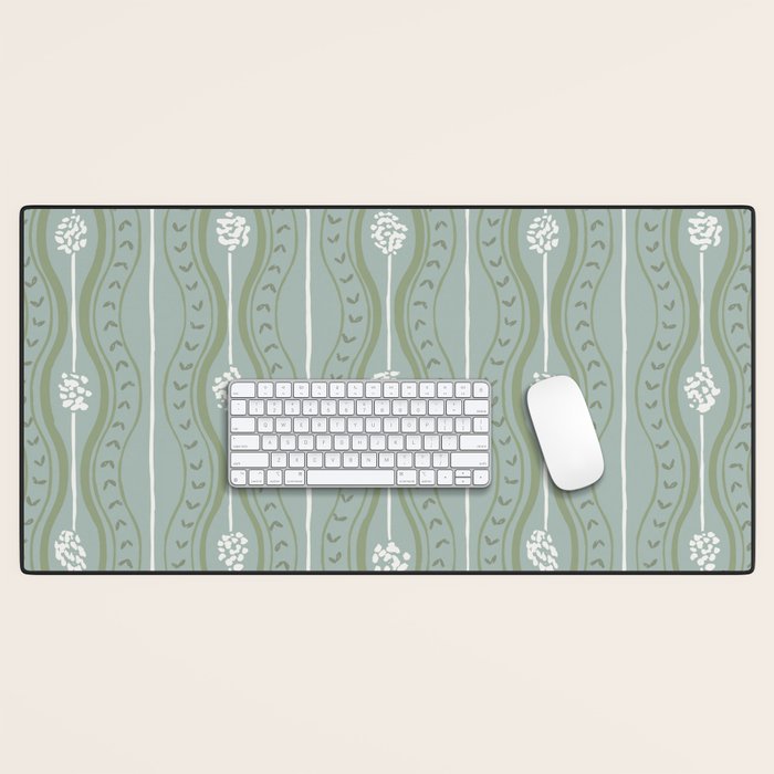Wavy lines and tiny blooms - dusty mint sage green and cream stripes pattern Desk Mat Gallery Image 1