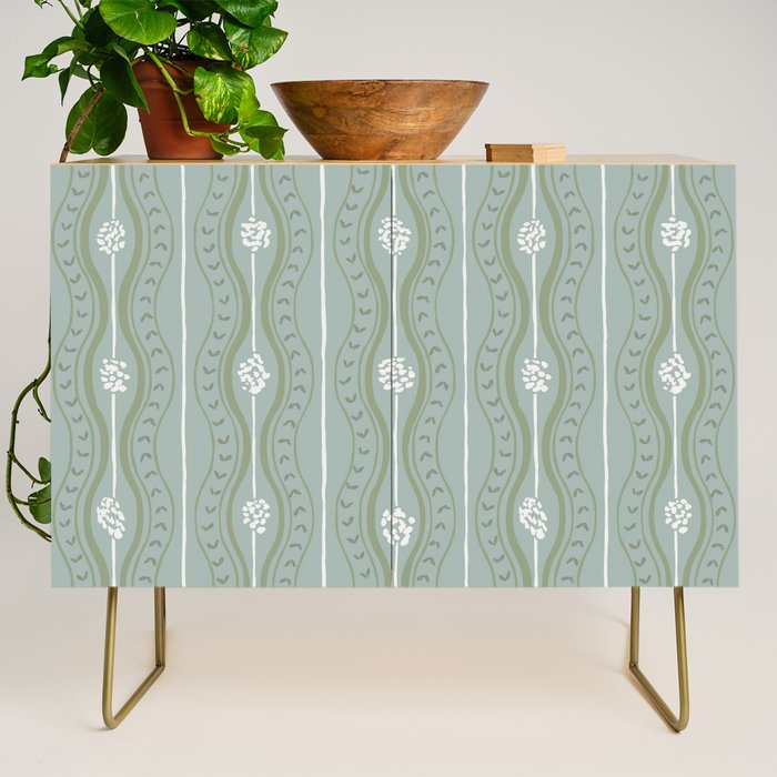 Wavy lines and tiny blooms - dusty mint sage green and cream stripes pattern Credenza Gallery Image 1