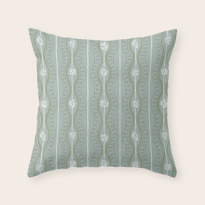 Wavy lines and tiny blooms - dusty mint sage green and cream stripes pattern Throw Pillow Gallery Image 1