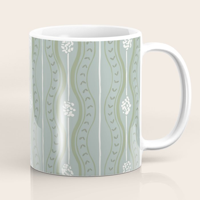 Wavy lines and tiny blooms - dusty mint sage green and cream stripes pattern Coffee Mug Gallery Image 1