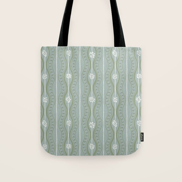 Wavy lines and tiny blooms - dusty mint sage green and cream stripes pattern Tote Bag Gallery Image 1