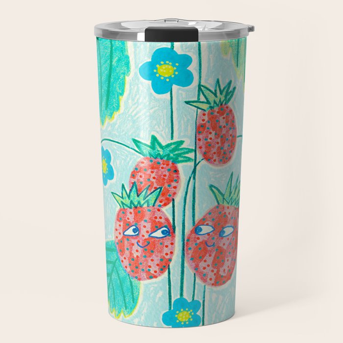 Sweet Strawberry Plant Friends in Lime & Pink Travel Mug Gallery Image 1