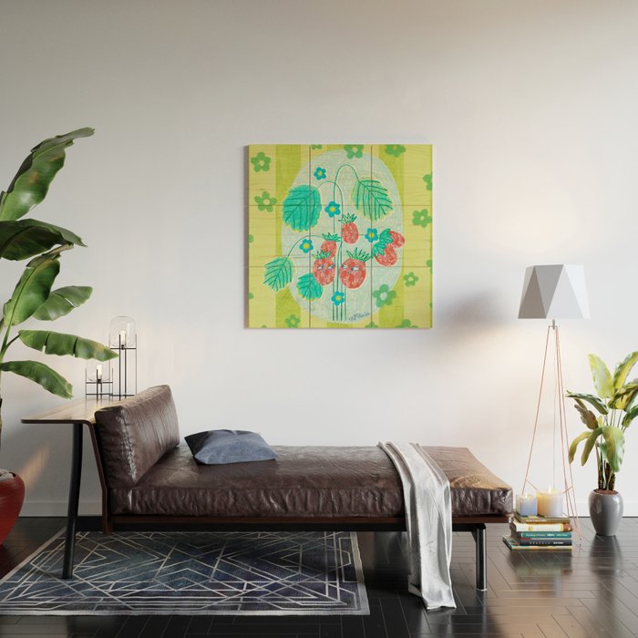 Sweet Strawberry Plant Friends in Lime & Pink Wood Wall Art Gallery Image 2