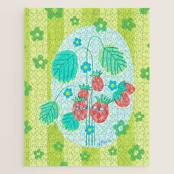 Sweet Strawberry Plant Friends in Lime & Pink Jigsaw Puzzle Gallery Image 1