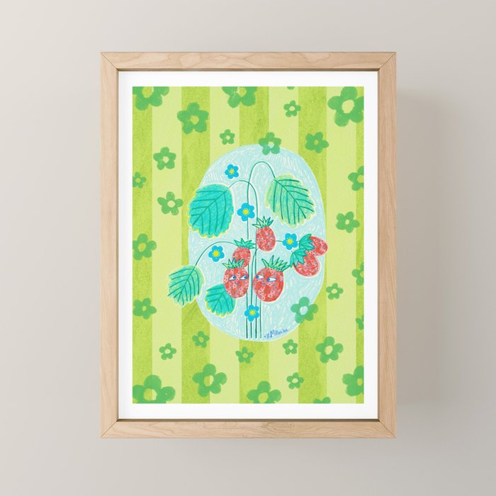 Sweet Strawberry Plant Friends in Lime & Pink Mini Art Print Gallery Image 1