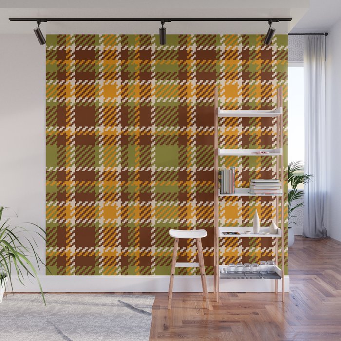 Retro 70s autumn tartan brown moss green mustard yellow pattern Wall Mural Gallery Image 1