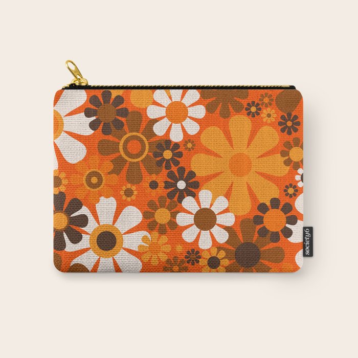 Retro Garden Flowers Groovy 1970s Floral Pattern in 70s Orange and Brown Carry All Pouch Gallery Image 1