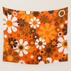 Retro Garden Flowers Groovy 1970s Floral Pattern in 70s Orange and Brown Wall Tapestry Gallery Image 4