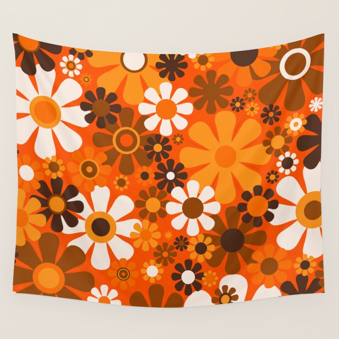Retro Garden Flowers Groovy 1970s Floral Pattern in 70s Orange and Brown Wall Tapestry Gallery Image 4