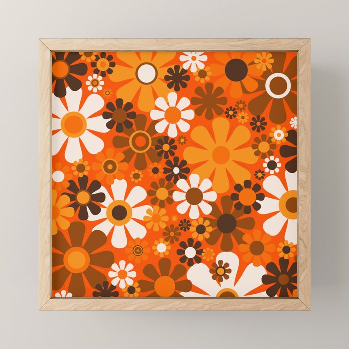 Retro Garden Flowers Groovy 1970s Floral Pattern in 70s Orange and Brown Mini Art Print Gallery Image 1