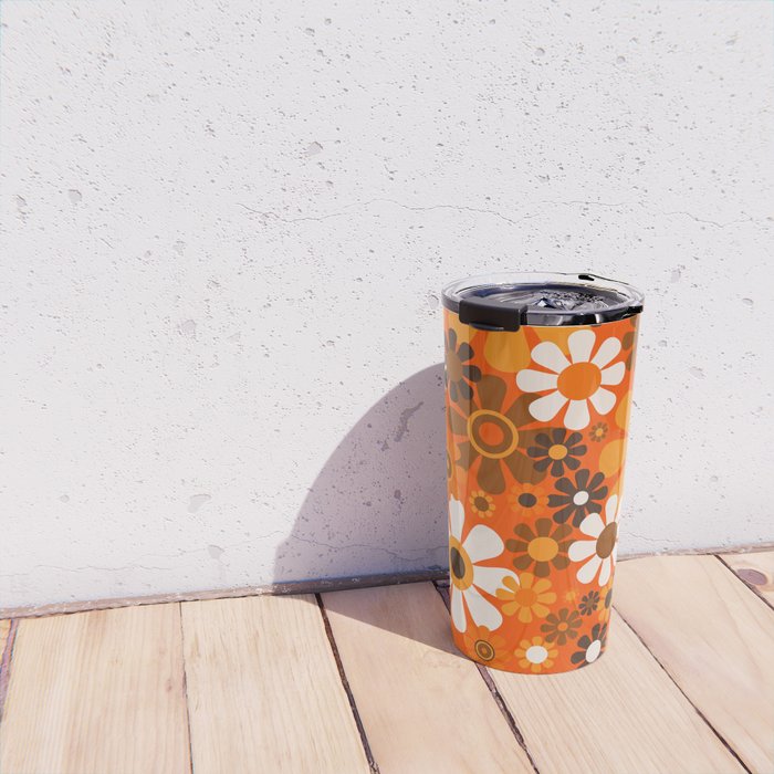 Retro Garden Flowers Groovy 1970s Floral Pattern in 70s Orange and Brown Travel Mug Gallery Image 4