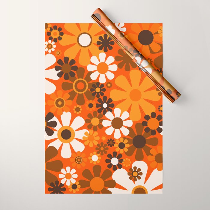 Retro Garden Flowers Groovy 1970s Floral Pattern in 70s Orange and Brown Wrapping Paper Gallery Image 1