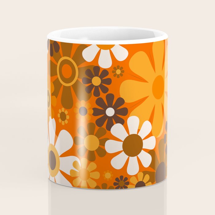 Retro Garden Flowers Groovy 1970s Floral Pattern in 70s Orange and Brown Coffee Mug Gallery Image 4