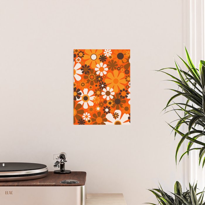 Retro Garden Flowers Groovy 1970s Floral Pattern in 70s Orange and Brown Poster Gallery Image 2