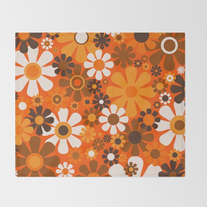 Retro Garden Flowers Groovy 1970s Floral Pattern in 70s Orange and Brown Throw Blanket Gallery Image 2