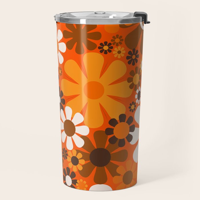 Retro Garden Flowers Groovy 1970s Floral Pattern in 70s Orange and Brown Travel Mug Gallery Image 2