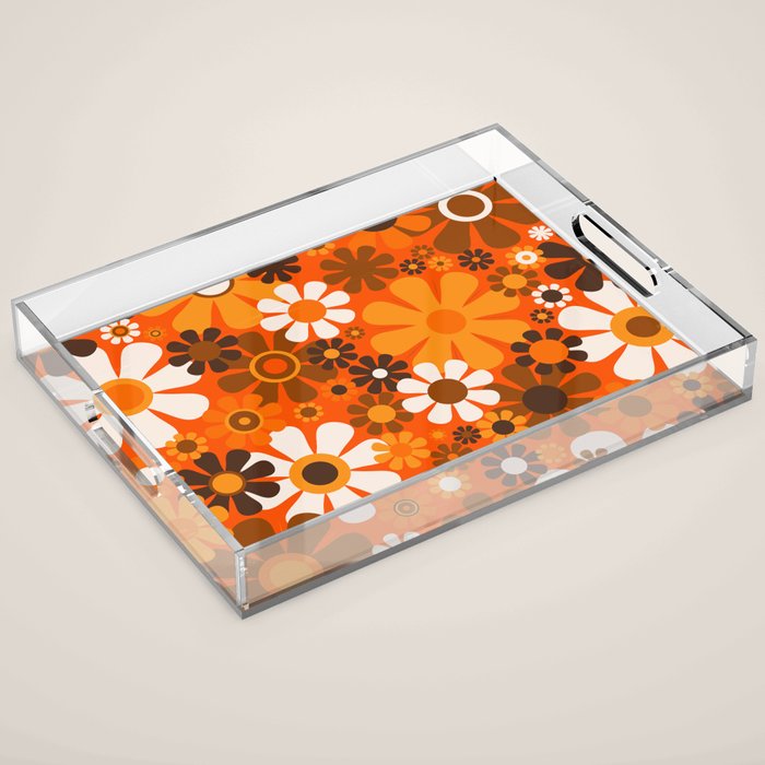Retro Garden Flowers Groovy 1970s Floral Pattern in 70s Orange and Brown Acrylic Tray Gallery Image 1