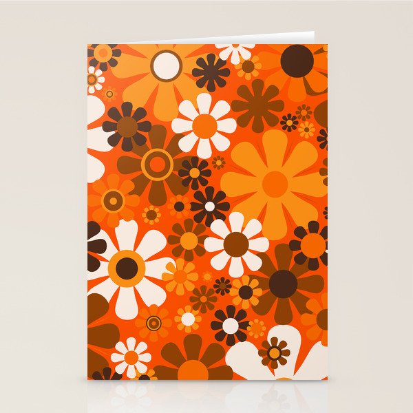 Retro Garden Flowers Groovy 1970s Floral Pattern in 70s Orange and Brown Stationery Card Gallery Image 1